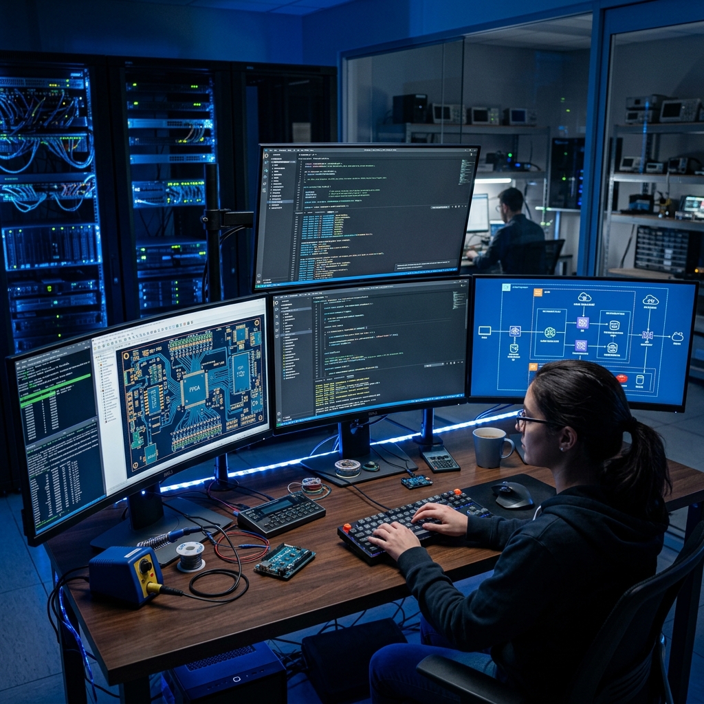 A modern computer engineering workstation with multiple ultra-wide monitors displaying code and circuit diagrams, high-tech lab with blue LED lighting, mechanical keyboards, server racks in background, photorealistic